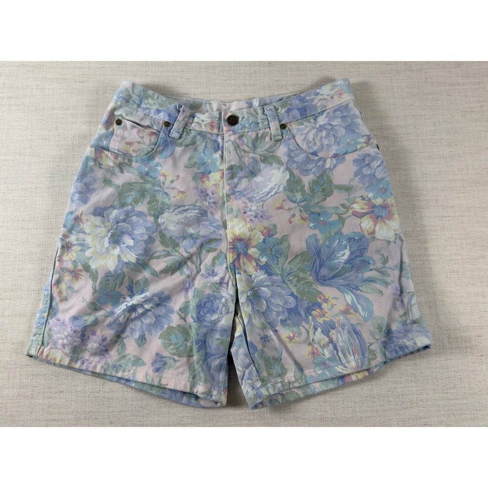 Vintage Zena Floral Denim Shorts High Waisted Pastel Blue Pink Made in USA 11